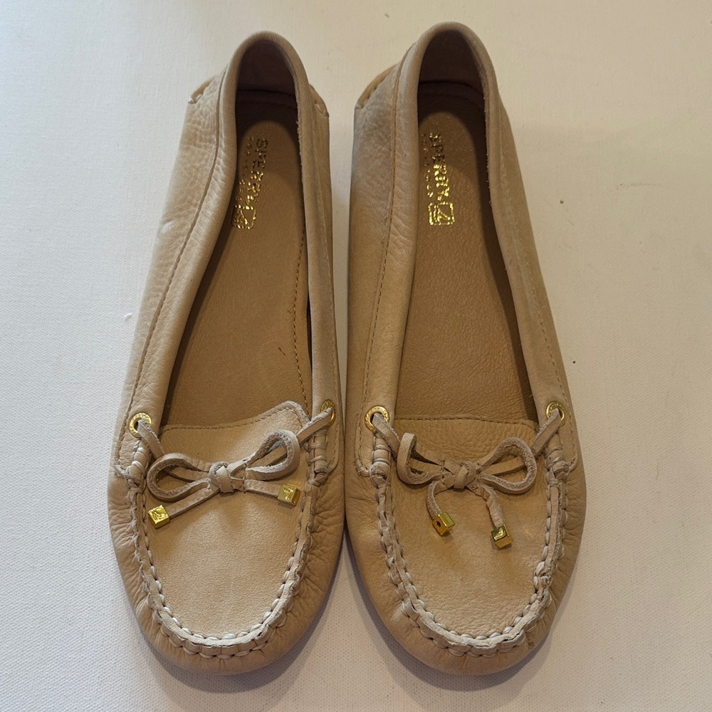 Sperry Tan Moccasins with Gold Accents